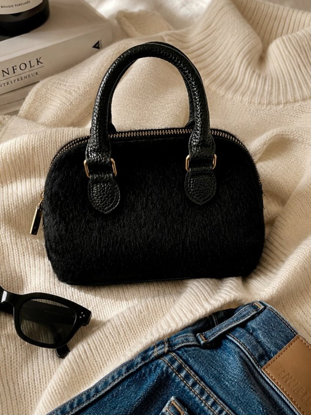 A New Day Black Faux Fur Mini Satchel Top Handle Bag